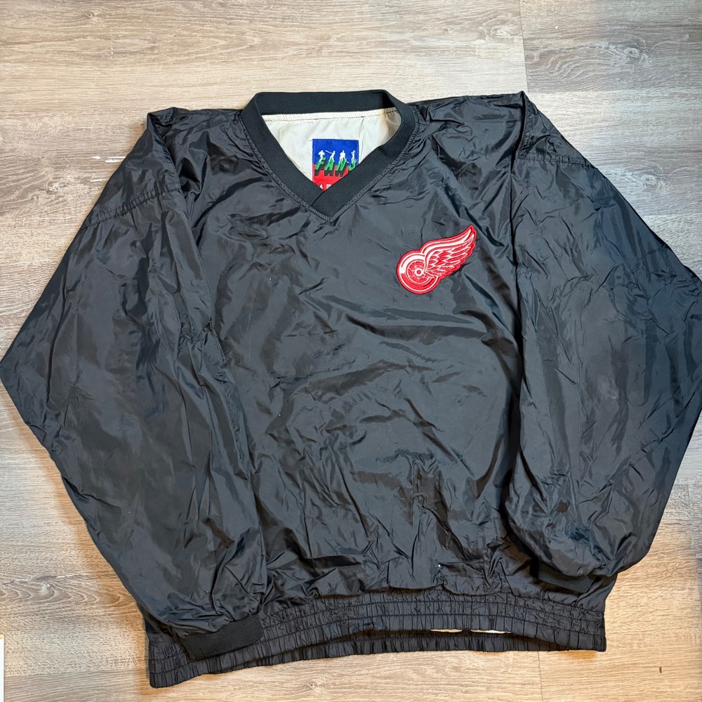 Vintage Detroit Red Wings Fans Gear‎ Black V-Neck Windbreaker Pullover XL NHL